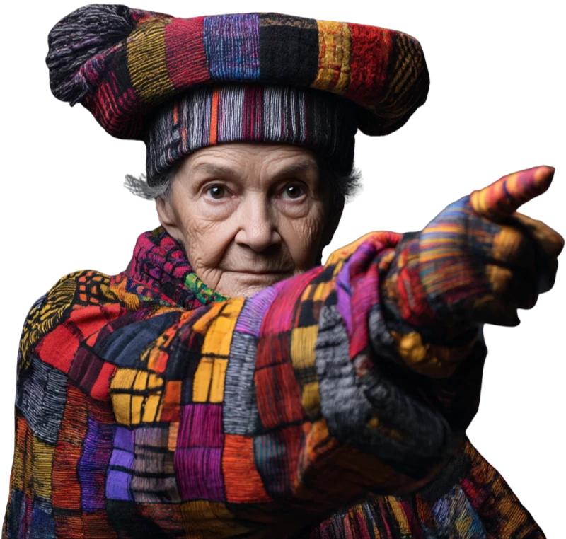 Dame-agee-vetements-et-chapeau-colores